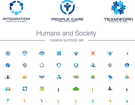 Humans group, Society creative symbols set. People protect, teamwork, collaboration abstract business concepts. Family, friend, leader icons