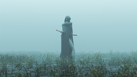 Futuristic Demon Nun In a High Split Dress and face Mask Abstract Demon Assassin with Samurai Sword Foggy Watery Void with Reeds and Grass background Back View 3d Illustration 3d render