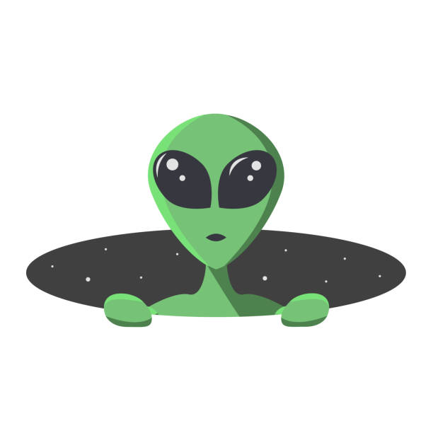 ilustrações de stock, clip art, desenhos animados e ícones de green alien climbs out from the hole of space with stars. extraterrestrial in flat cartoon style for t-shirt, print or textile.  vector illustration - alien monster green futuristic