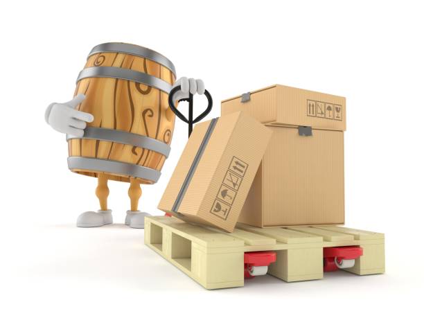 Cask character with hand pallet truck with cardboard boxes isolated on white background. 3d illustration