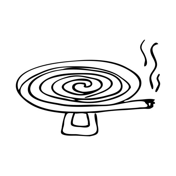 Anti-mosquito coil. The spiral burns and smokes fending off insects. Hand drawing sketch vector illustration isolated on white background Anti-mosquito coil. The spiral burns and smokes fending off insects. Hand drawing sketch vector illustration isolated on white background. cutter insect repellant stock illustrations