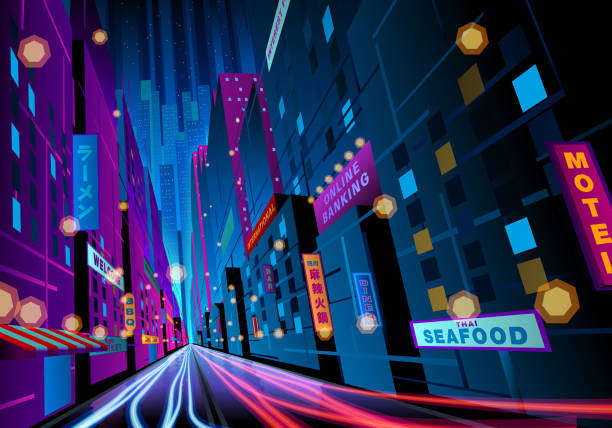 colorful night street with signages A colourful night street scene with light trails and signages. neon lighting illustrations stock illustrations