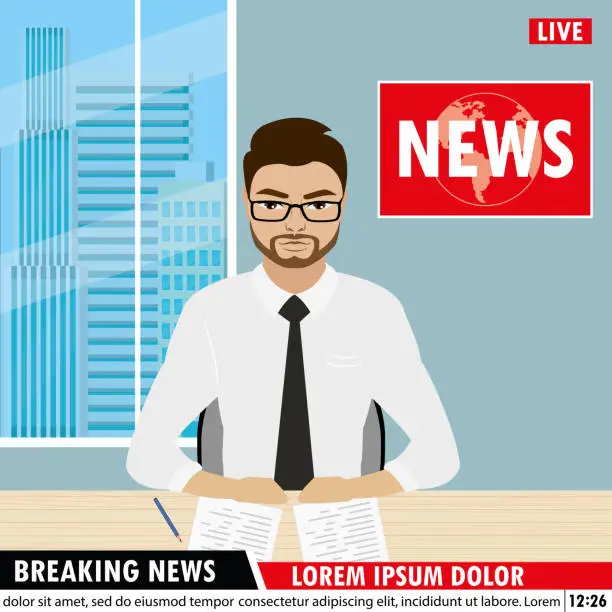 Vector illustration of Handsome anchorman,breaking news in tv studio. Cartoon arabic male character