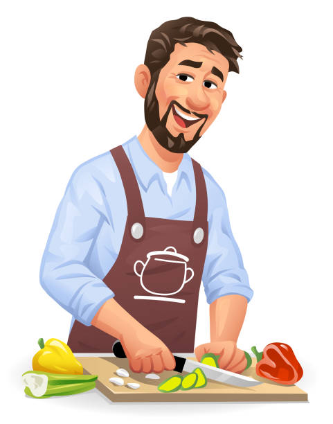 illustrazioni stock, clip art, cartoni animati e icone di tendenza di giovane uomo taglio verdure - white background healthy eating meal salad