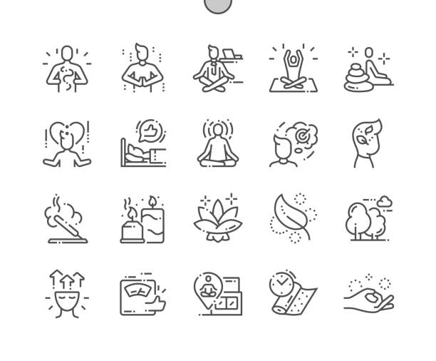 ilustrações, clipart, desenhos animados e ícones de meditação e práticas espirituais bem trabalhada pixel perfect vector linha fina ícones 30 2x grid para web graphics e apps. pictograma mínimo simples - lugar de devoção religiosa