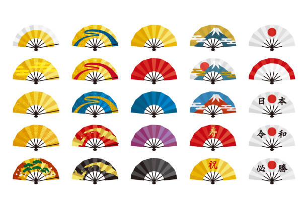 Various Japanese folding fans Illustration of colorful japanese folding fan folding fan stock illustrations