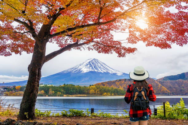 viaggiatrice donna con zaino che guarda alle montagne del fuji in autunno, giappone. - volcano mt fuji autumn lake foto e immagini stock