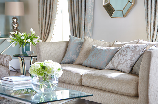 Colorful pillows on the couch in a traditional style living room