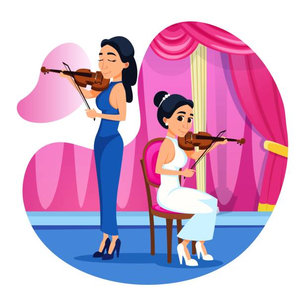 illustrations, cliparts, dessins animés et icônes de bright poster violin duet performance cartoon. - musical theater child violin musical instrument