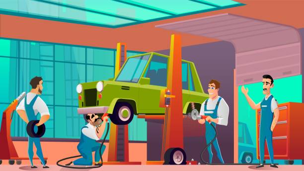 ilustrações, clipart, desenhos animados e ícones de técnicos da garagem que substituem a roda ou o pneu no carro - car workshop service expertise