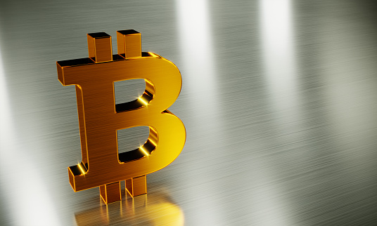 Golden bitcoin symbol on steel surface, can be used on cryptocurrency and bitcoin concepts. ( 3d render )