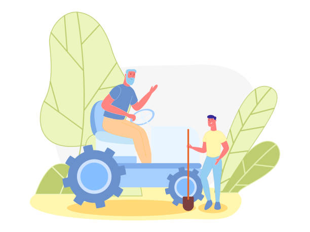 Spending Summer in Country with Beloved Grandpa Senior Grey Haired and Bearded Man, Running Tractor. Grandson, Holding Shovel, Helping Grandpa with Farm Work. Teenage Boy, Spending Summer with His Beloved Grandfather, Living in Country. farmer son stock illustrations