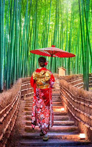 bambusowy las. azjatka ubrana w japońskie tradycyjne kimono w bamboo forest w kioto w japonii. - sagano zdjęcia i obrazy z banku zdjęć