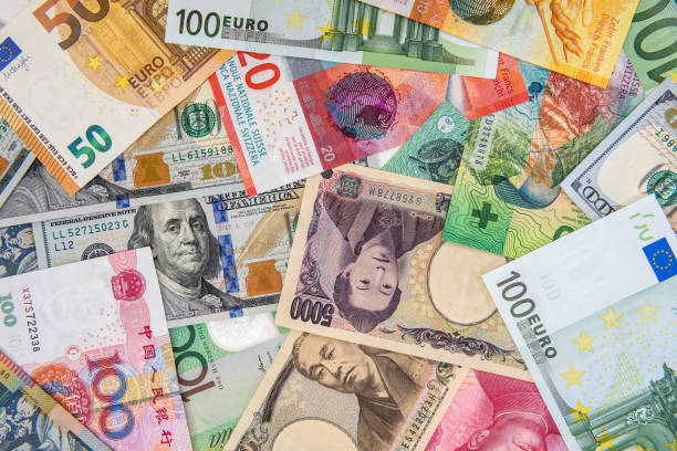 World banknotes collection in rows as background stock photo