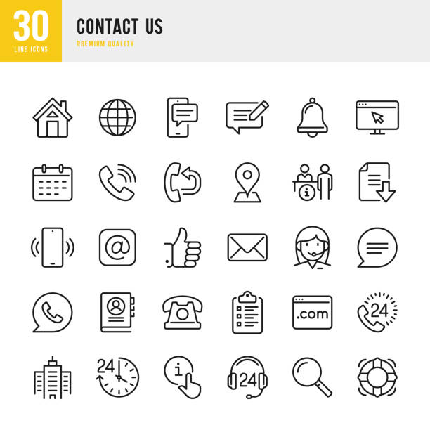 Contact Us - thin line vector icon set. Pixel Perfect. Set contains such icons as Home, Location, Feedback, Message, Support, Office, Mail. Contact Us - thin line vector icon set. Pixel Perfect. 30 line icon. Set contains such icons as Home, Location, Feedback, Message, Support, Office, Mail, Site, Notification. talking on office phone stock illustrations