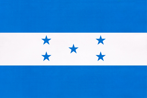Honduras national fabric flag, textile background. Symbol of international world central America country. State Honduran official sign.