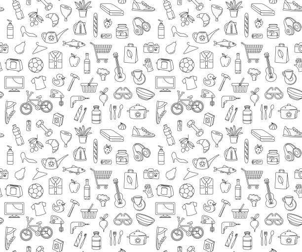 Hypermarket store food, appliances, clothes, toys seamless icons background pattern Supermarket hypermarket store food, market products, goods, appliances, clothes, toys, music, sports seamless thin line icons background pattern. Vector illustration in linear simple style. computer icon stock symbol shopping mall stock illustrations