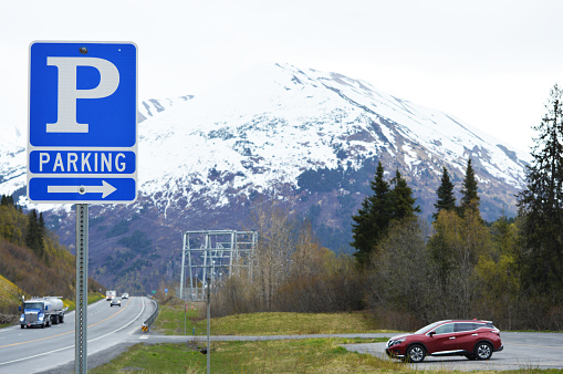 Parking area close by a highway in Kenai Peninsula, Southcentral Alaska, USA