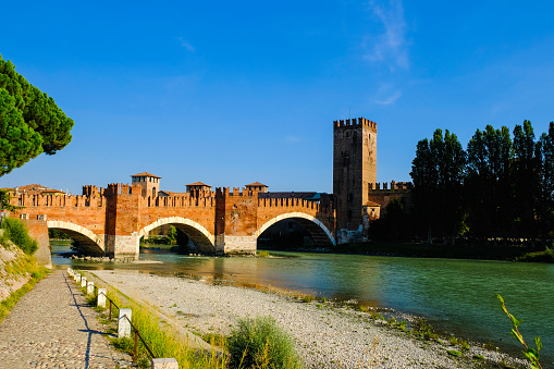 Verona, Italy: Panoramic view of the Adige river and bridge Ponte Scaligero.