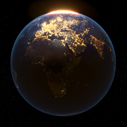 3d render of planet earth from space, by night. Elements of this image by NASA