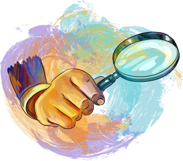 рука, держащая увеличительное стекло рисунок - illustration and painting magnifying glass glass searching stock illustrations