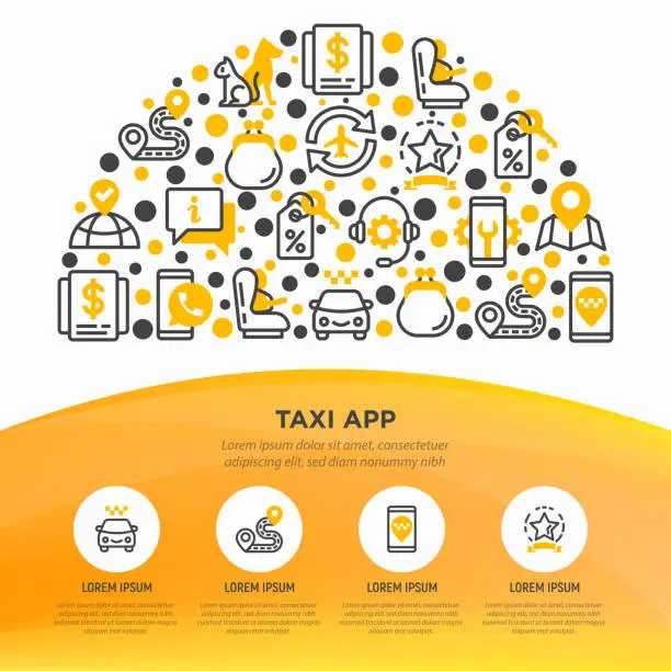 Vector illustration of Taxi app concept in half circle with thin line icons: payment method, promocode, app settings, info, support service, phone number, location, pointer, airport transfer, baby seat. Vector illustration.