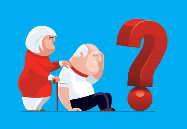 illustrazioni stock, clip art, cartoni animati e icone di tendenza di coppia senior con punto interrogativo - senior adult retirement question mark worried