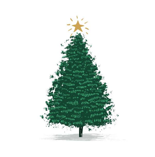 ręcznie rysowane drzewo chrismas, kartka świąteczna - choinka ilustracje stock illustrations