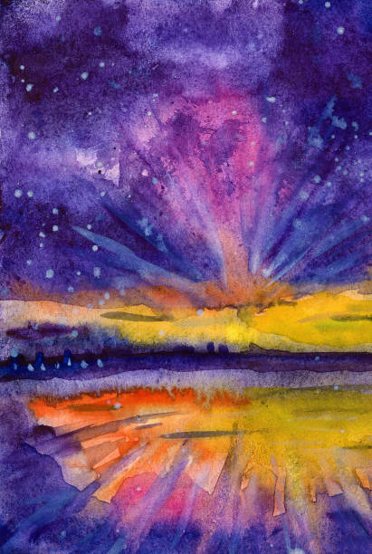 星空の夜の湖の夜の森の水彩画 - まぶしいのベクターアート素材や画像