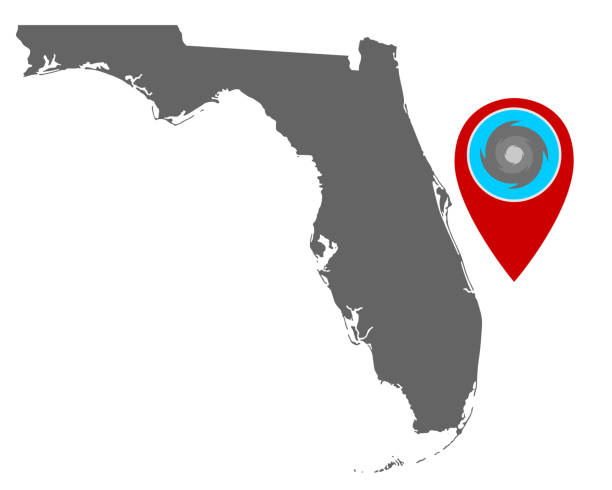 mapa florydy i pin z ostrzeżeniem huraganu - hurricane florida stock illustrations