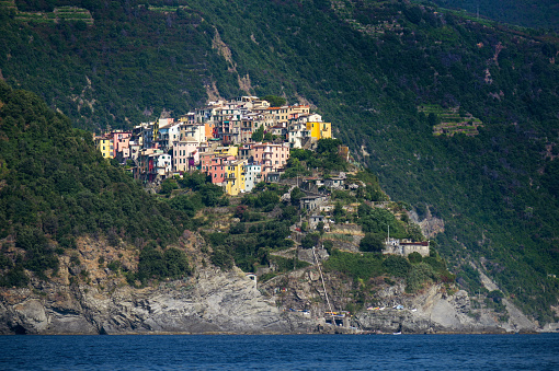 Corniglia, a Cinque Terra mountain village on the Mediterranean sea in Liguria, Italy, copy space