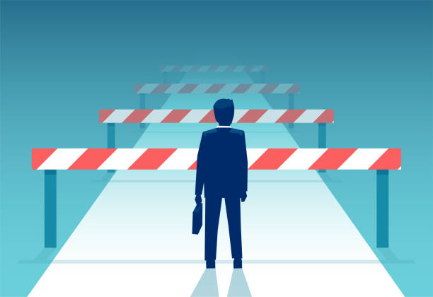 Vector of a challenged businessman standing in front of many obstacles Vector of a challenged businessman standing in front of many obstacles and barriers on the way to success. hurdle stock illustrations