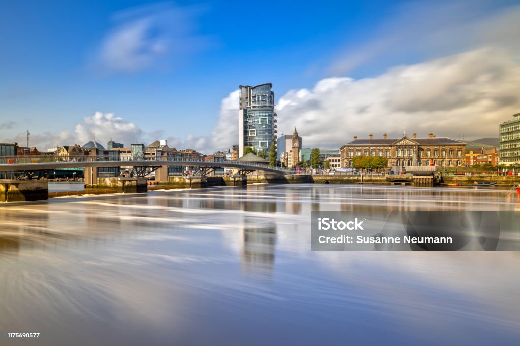 The Custom House and Lagan River in Belfast, Northern Ireland Long Exposure over the Lagan River over to the Custom House in Belfast, Northern Ireland Belfast Stock Photo