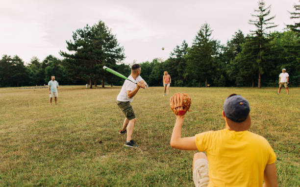 Enjoying game of baseball with friends
