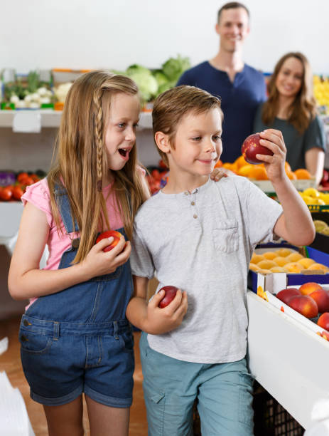istock Two fine kids looking for delicious fruits 1175691363