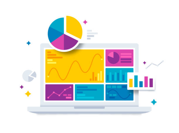 statistiken daten und analyse software laptop-anwendung - web page illustrations stock-grafiken, -clipart, -cartoons und -symbole