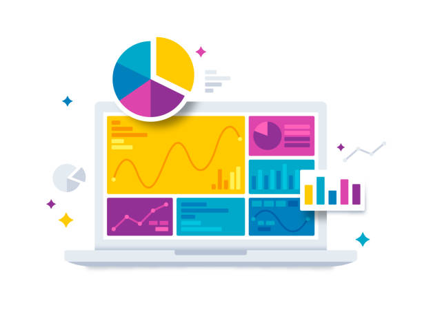 Statistics Data and Analytics Software Laptop Application Statistics data and analytics data analysis software laptop with bar graphs, pie charts and data information. infographic vector stock illustrations