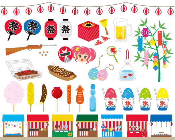 Summer festival material illustration Various material illustrations for summer festival takoyaki stock illustrations