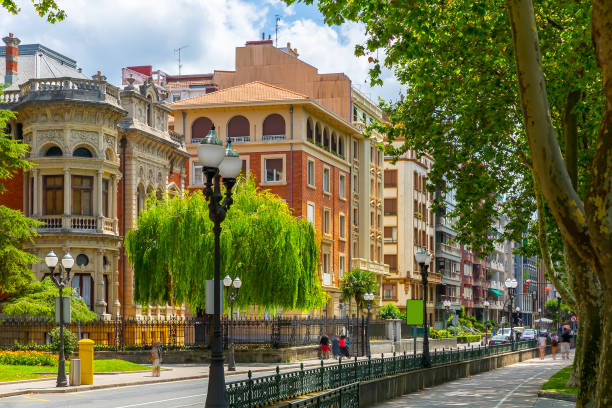 Modern view of medieval streets of Bilbao with traditional architecture, Spain
