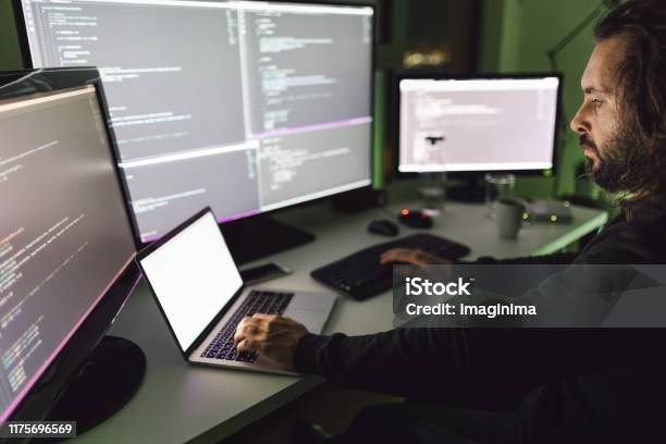 Coder Working Late At Night Stock Photo - Download Image Now - Network Security, Computer Crime, Surveillance