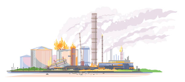 정유 공장 일러스트에 화재 - gasoline factory station chimney stock illustrations
