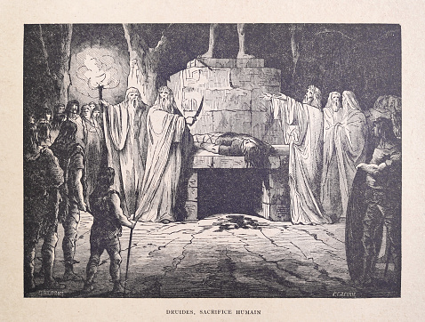 Illustration of a druids practicing human sacrifice by Jules Gaildrau and engraved by K. Casimir. It was published in January 1885 in the monthly magazine 