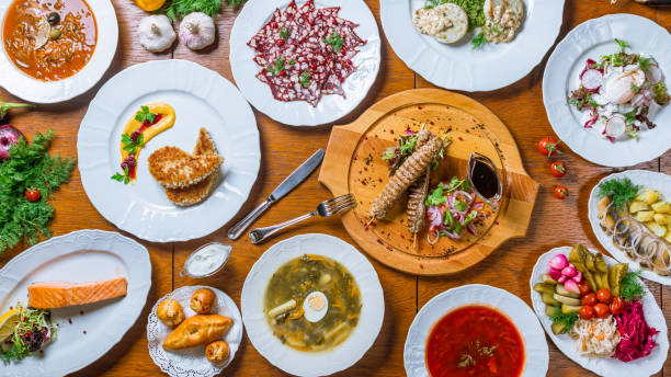istock Assorted dishes borsch, sorrel soup, lamb kebab, Fried salmon, meat Solyanka, herring with potatoes 1175700366