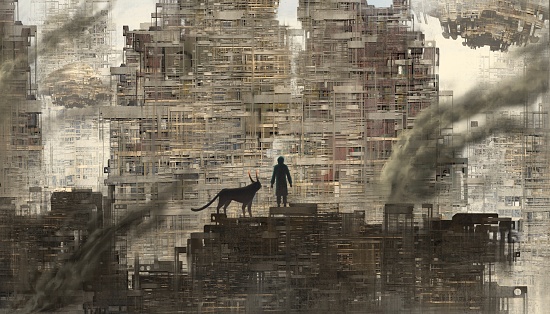 Man with monster dog in futuristic city ,fantasy science fiction painting, surreal illustration, artwork, landscape