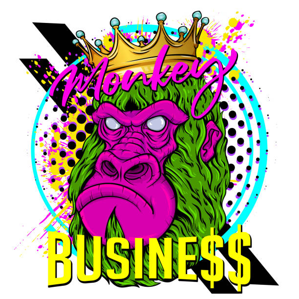 "Monkey business" - quote poster design. Vector illustration of gorilla head with crown, halftone and paint splashes on white background. Modern fashionable tee shirt print or label design. serious monkey stock illustrations