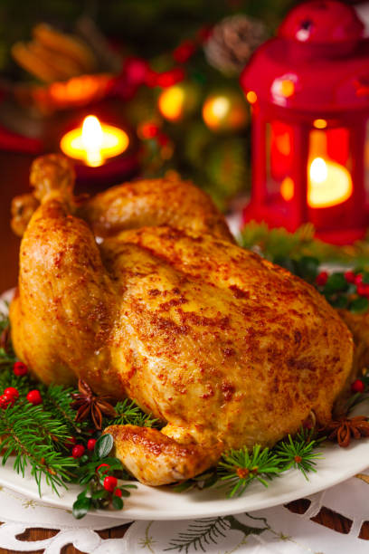 istock Roasted whole chicken with Christmas decoration. 1175706282