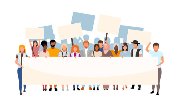 istock Racial inequality street protest flat illustration. Social movement, demonstration against racism. Multicultural activists holding blank placards cartoon characters. Human rights protection event 1175709480