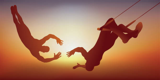 zwei zirkusartisten machen einen kunstflug auf ihrem trapez. - vertrauen stock-grafiken, -clipart, -cartoons und -symbole