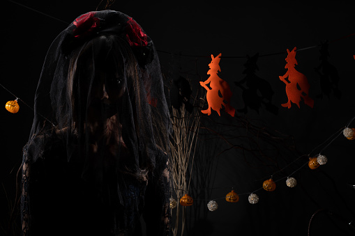 Black Widow veil Ghost girl cover face fresh Wound on face dress come in shadow silhouette as scary and want to revenge in Haunted house, Halloween background with witch and pumpkin garland hanging