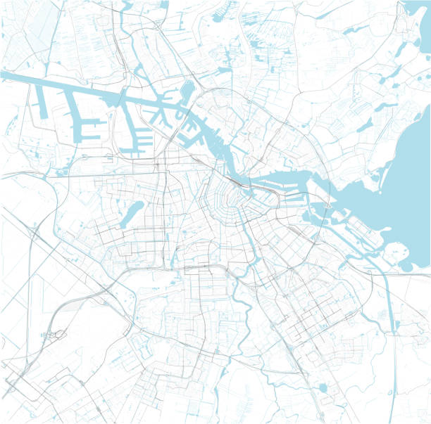 illustrazioni stock, clip art, cartoni animati e icone di tendenza di mappa satellitare di amsterdam e delle aree circostanti, paesi bassi. mappare strade, strade ad anello e autostrade, fiumi, linee ferroviarie - amsterdam